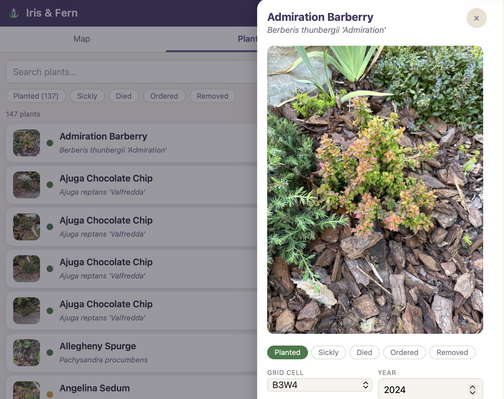 Iris & Fern plant record with photo, status, and grid position